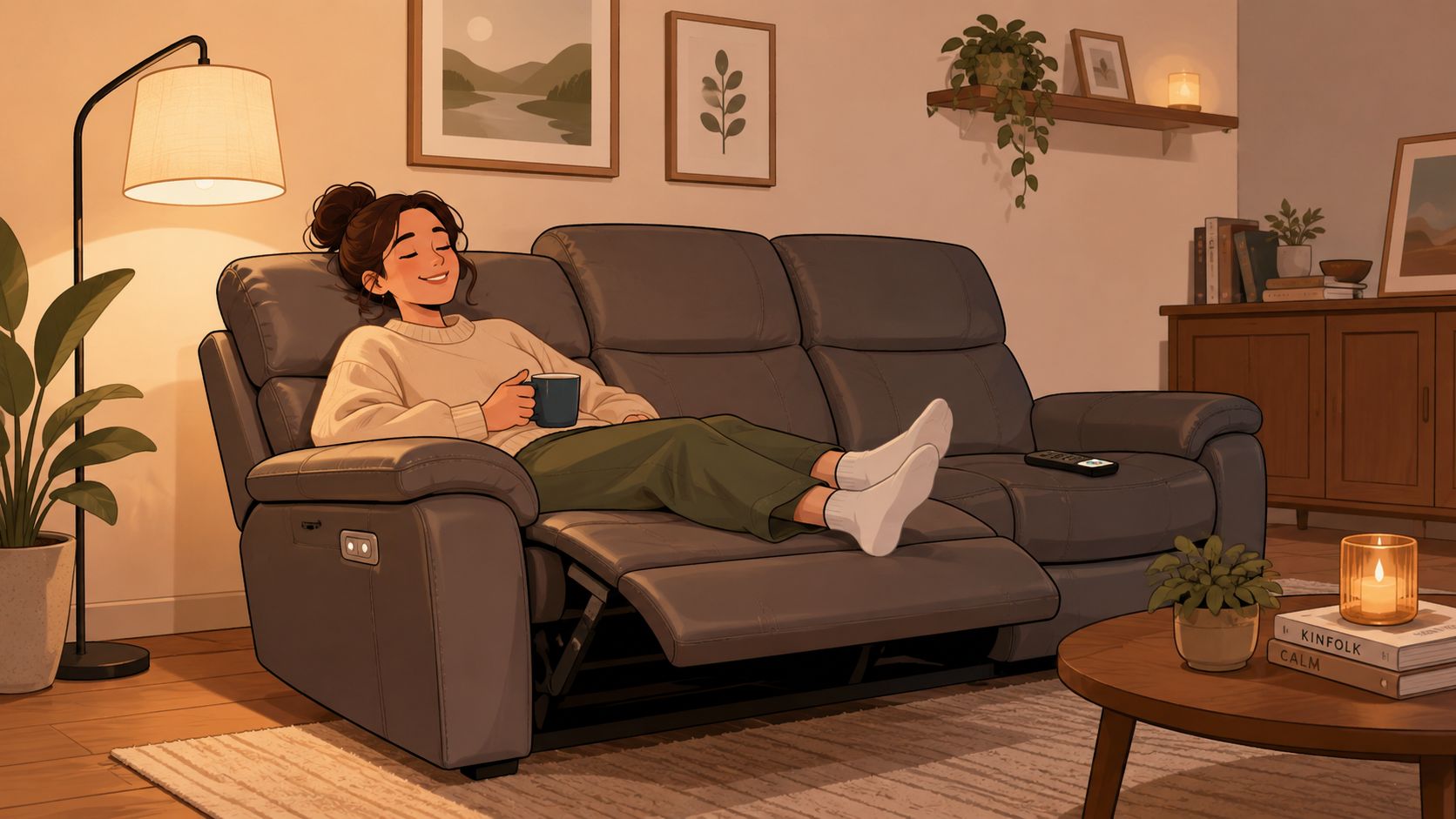 A relaxed young woman sitting on a comfortable dark gray power reclining sofa with a mug.