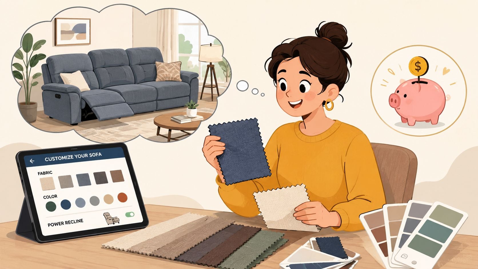 A woman using a tablet to customize a fabric power reclining sofa while considering her budget.
