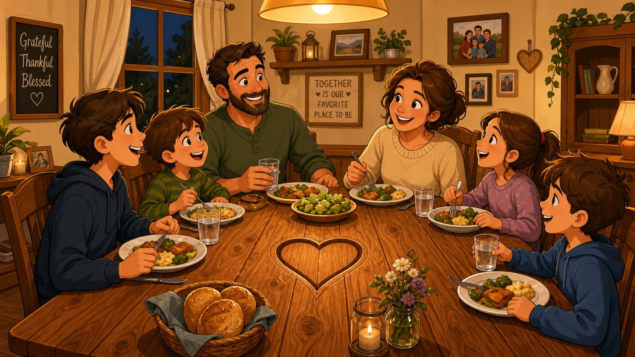 A happy family eating dinner together at a large solid wood dining set in a cozy home.