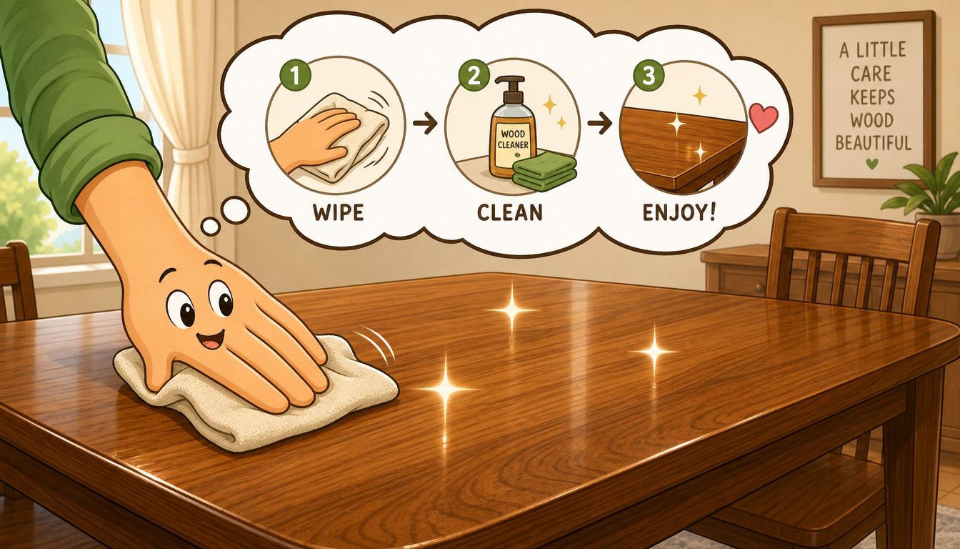 A friendly anthropomorphic hand cleaning a wooden table with a cloth shown in an instructional infographic.