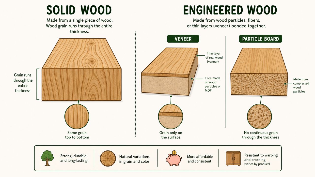 An infographic comparing solid wood and engineered wood, illustrating their structures, appearances, and key characteristics.