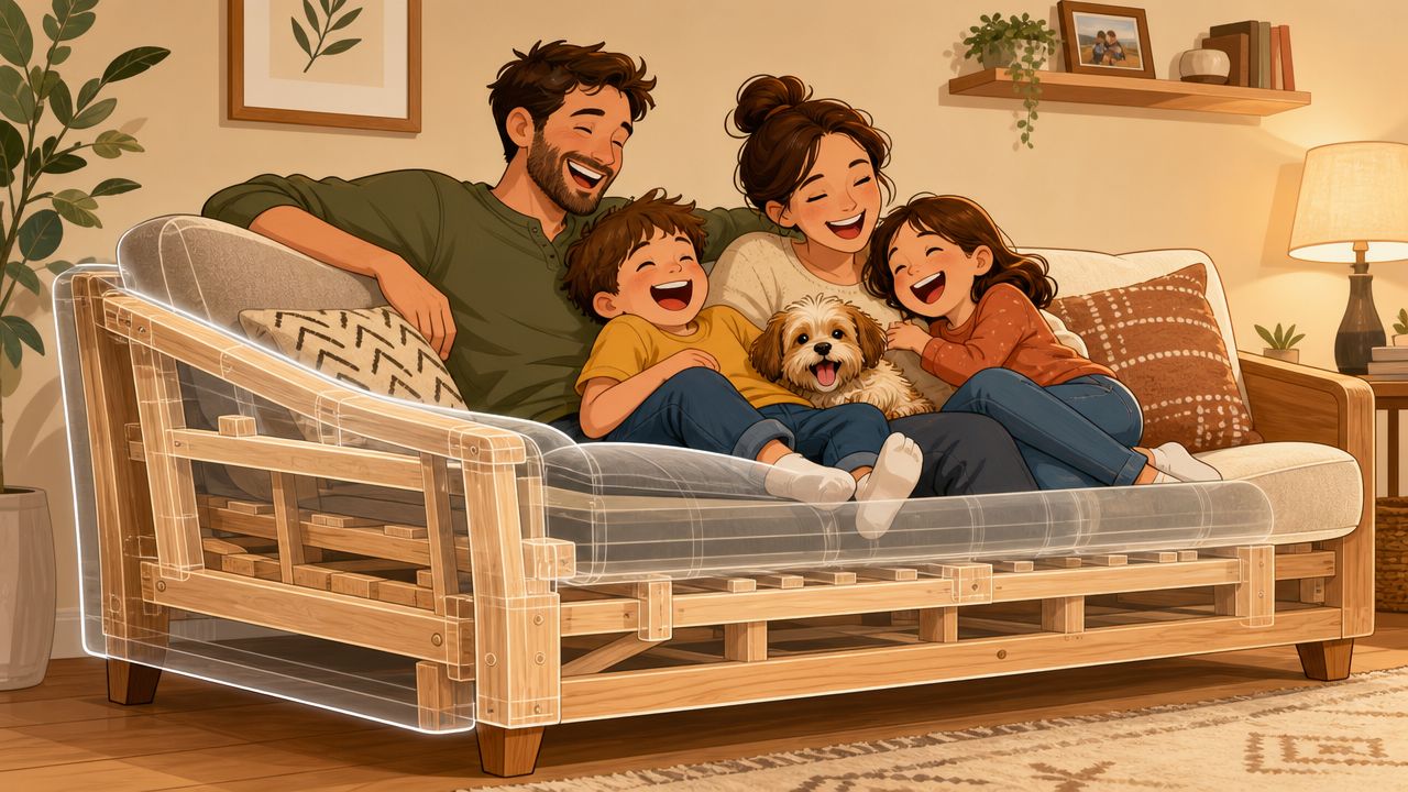 A happy family sitting together on a modern solid wood frame sofa in a cozy living room.