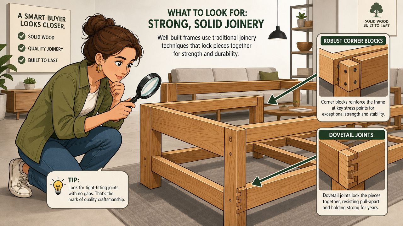 A woman using a magnifying glass to inspect the high-quality, solid wood joints of a sofa frame.