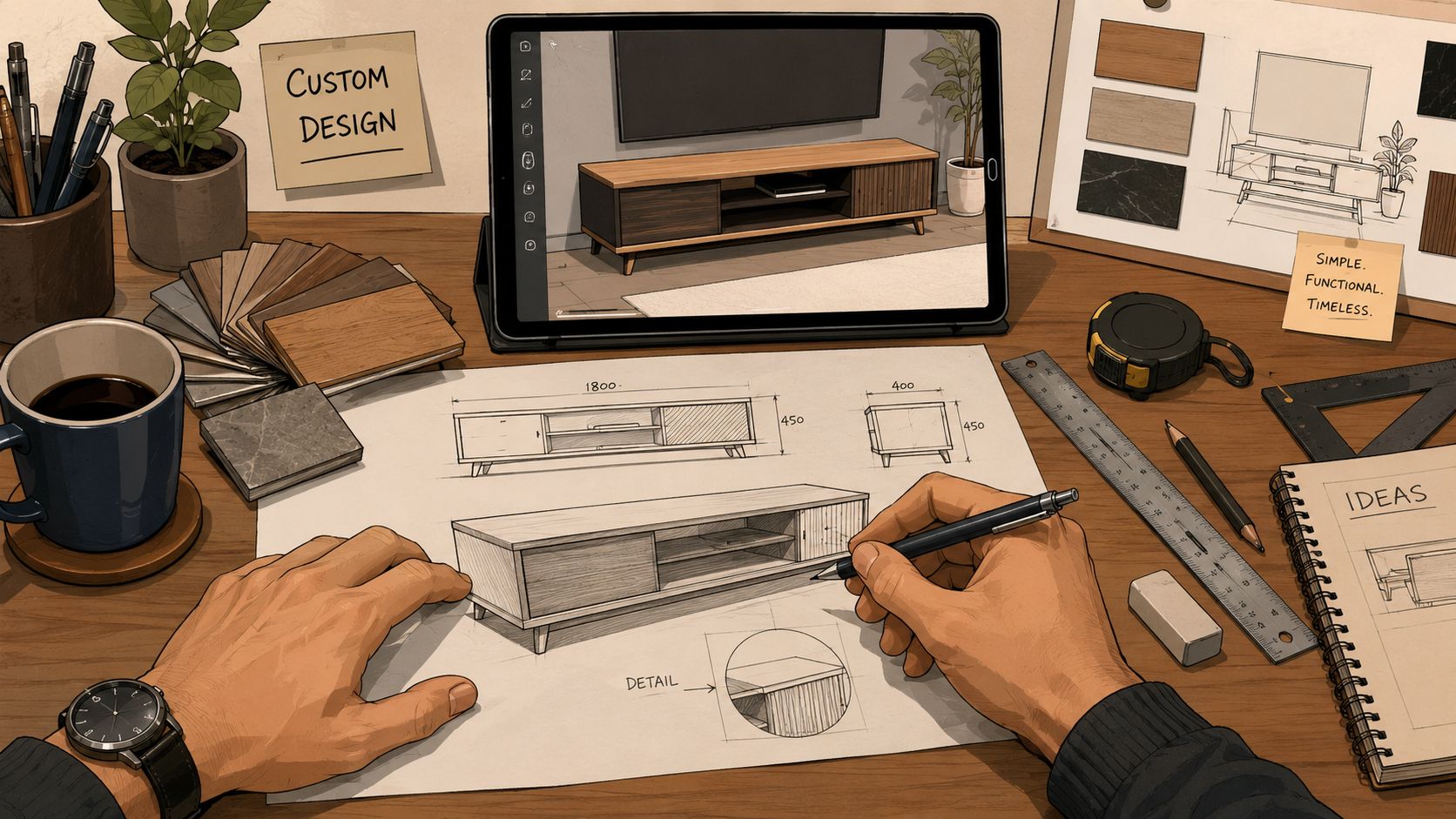 A designer sketching a custom TV stand design on paper with technical drawings and material samples.