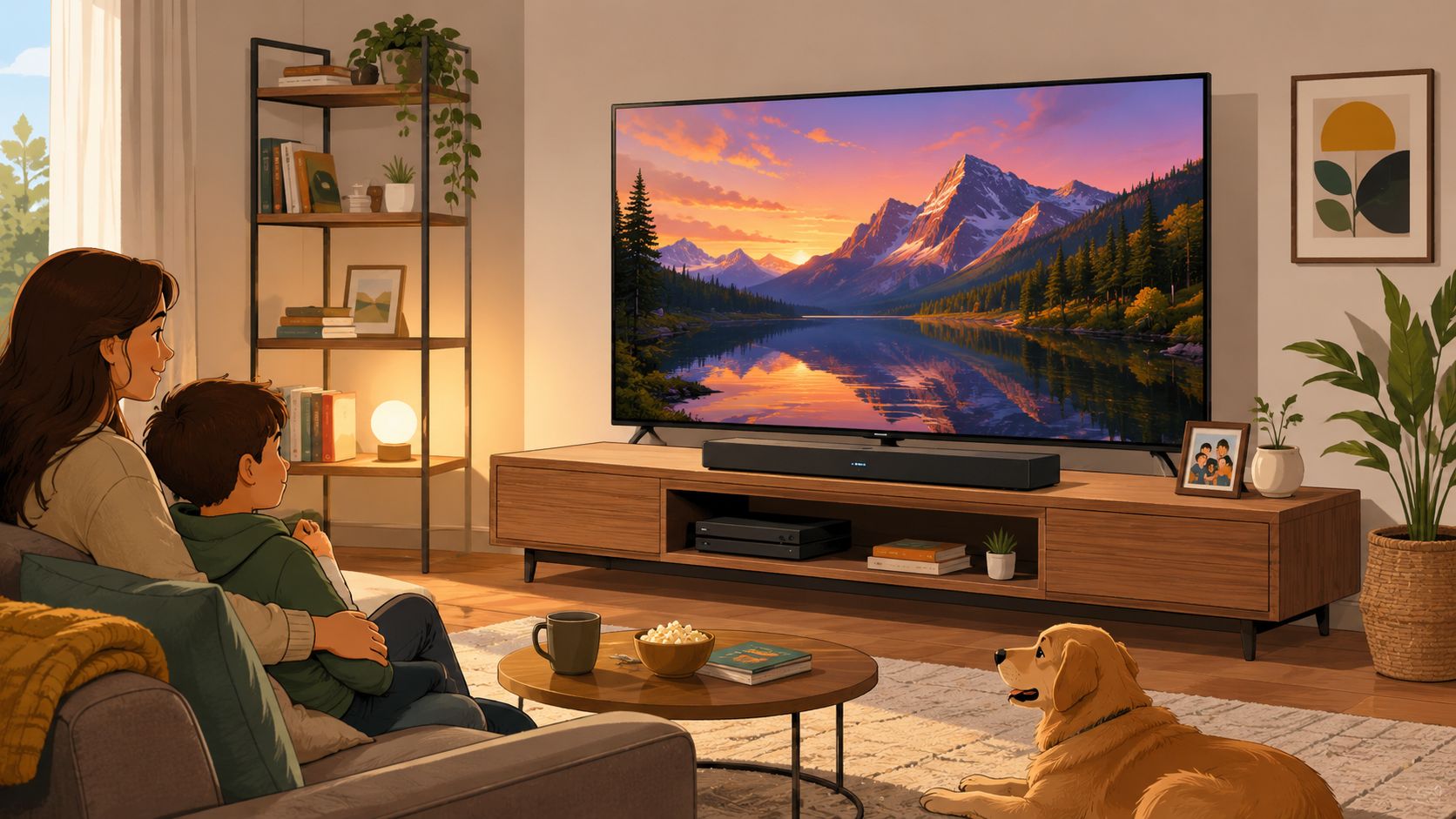 A mother and child sitting on a sofa watching a mountain landscape on a large wall-mounted television.