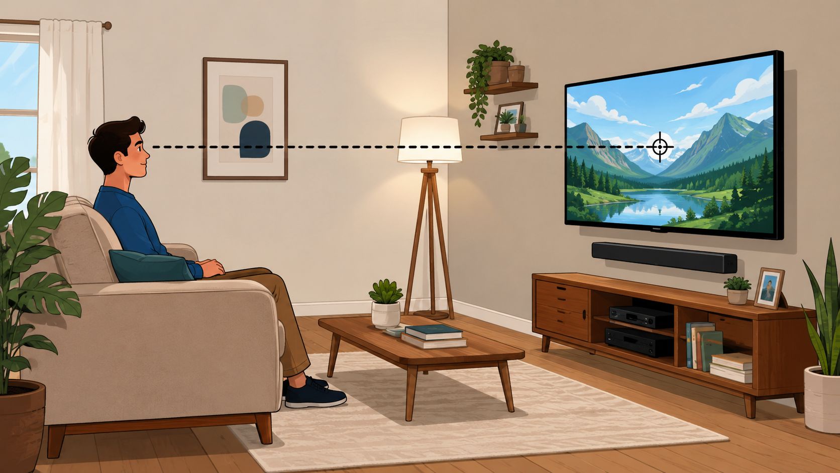A man sitting on a couch, demonstrating ideal eye-level height for a wall-mounted television.