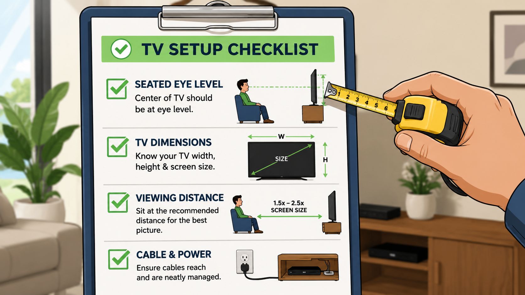 A checklist illustrating proper TV setup, including eye level, screen dimensions, viewing distance, and cable management.