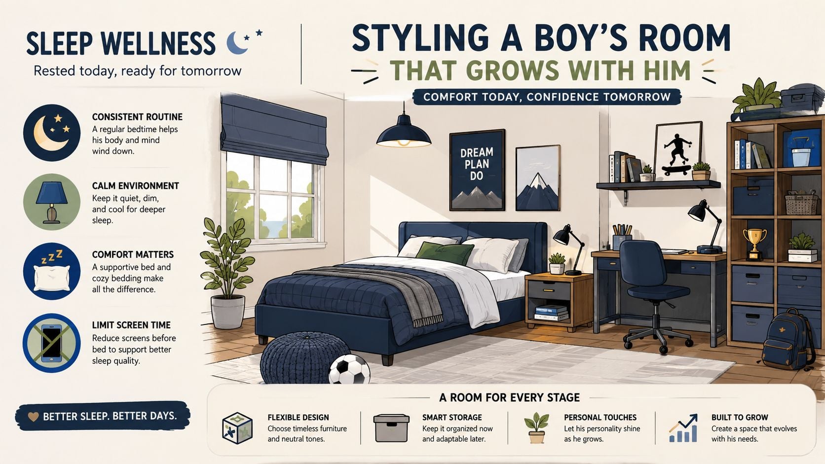A modern boys room design with blue furniture, smart storage, and sleep wellness tips for growing children.