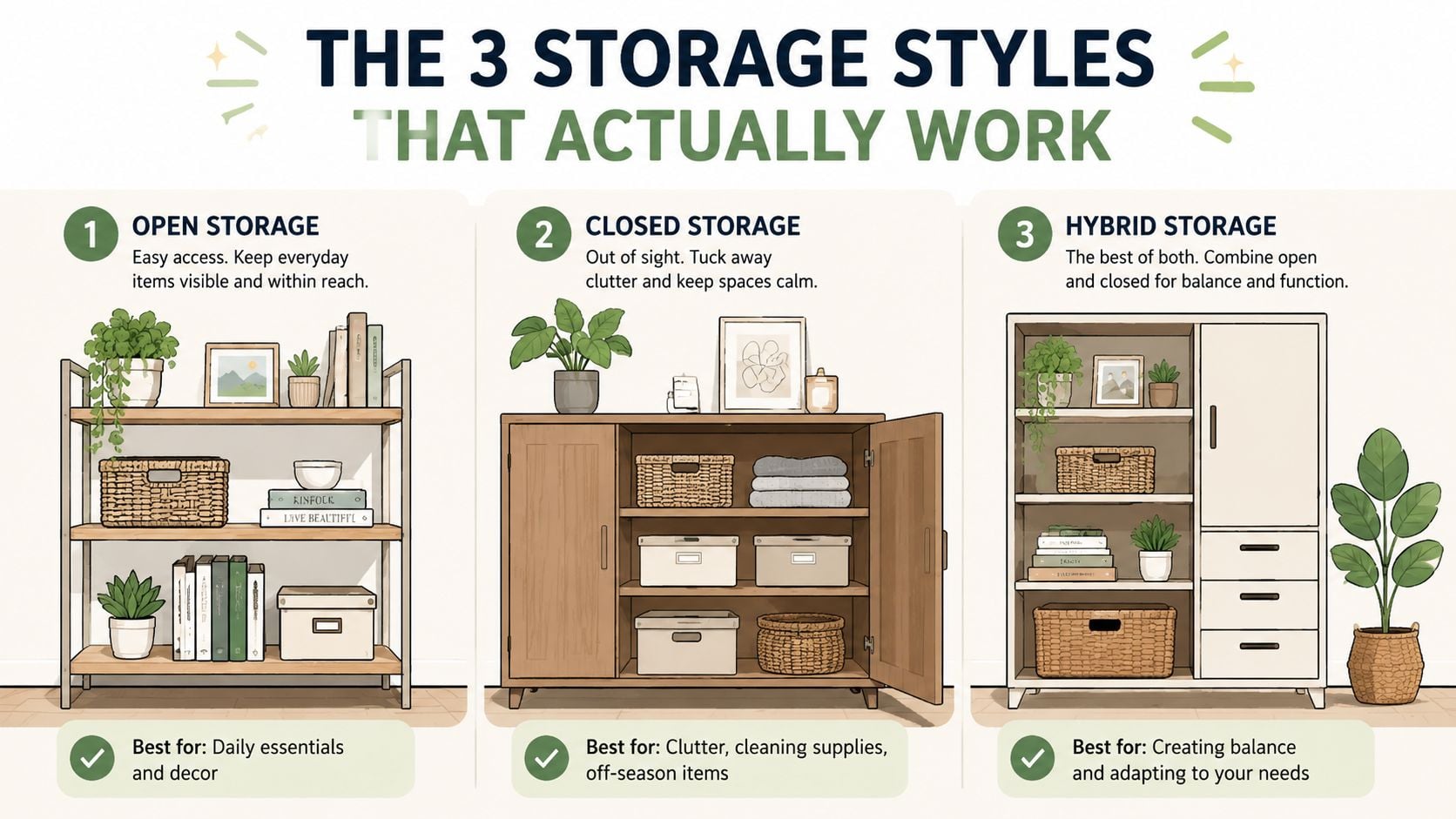 An infographic showing three effective home storage styles including open, closed, and hybrid shelf designs.