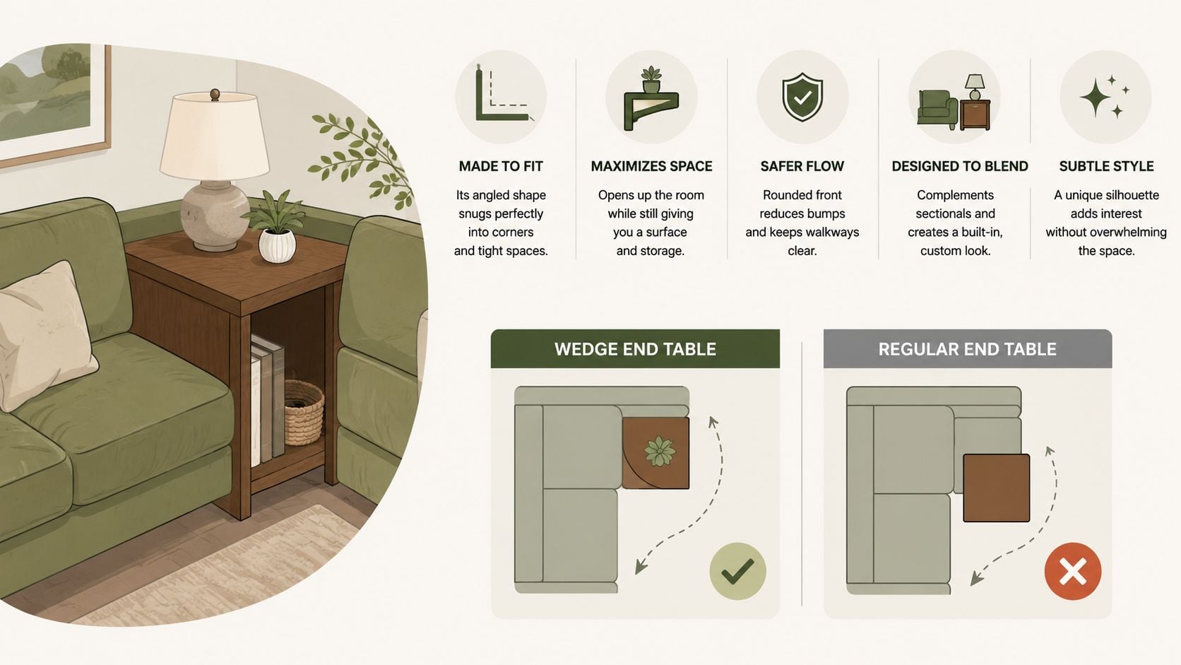 An infographic illustrating the space-saving benefits of a wedge-shaped end table compared to a standard table.