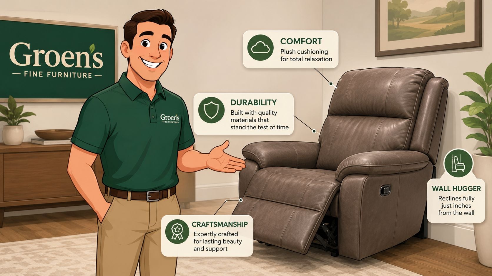 A friendly furniture salesperson gesturing toward a comfortable, brown leather wall hugger recliner in a living room.