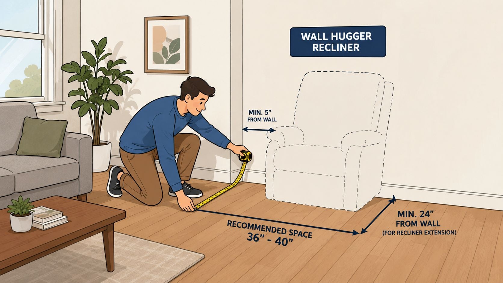 A person using a measuring tape to check the required floor space for a wall hugger recliner.