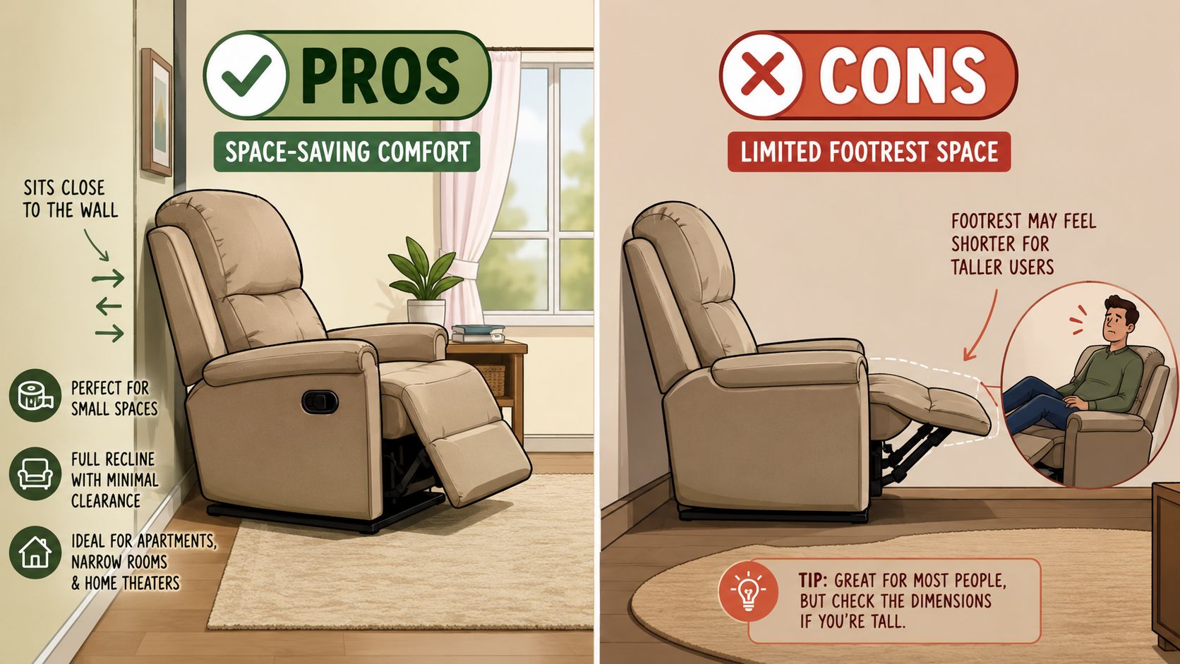 An infographic illustrating the pros and cons of a wall hugger recliner chair for home use.