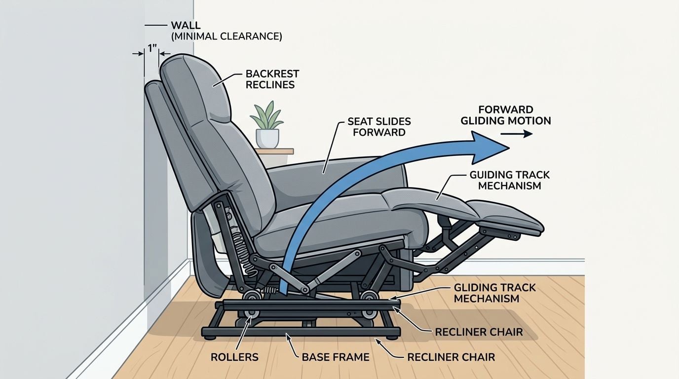A diagram demonstrating how a wall hugger recliner moves forward while reclining with minimal wall clearance.