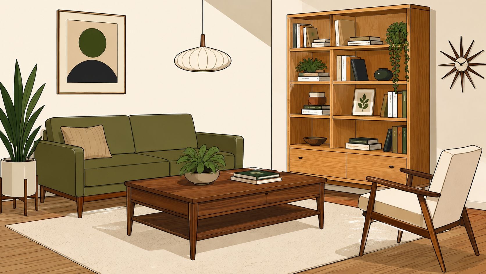 A cozy living room featuring a green sofa, mid-century wooden furniture, and decorative indoor plants.