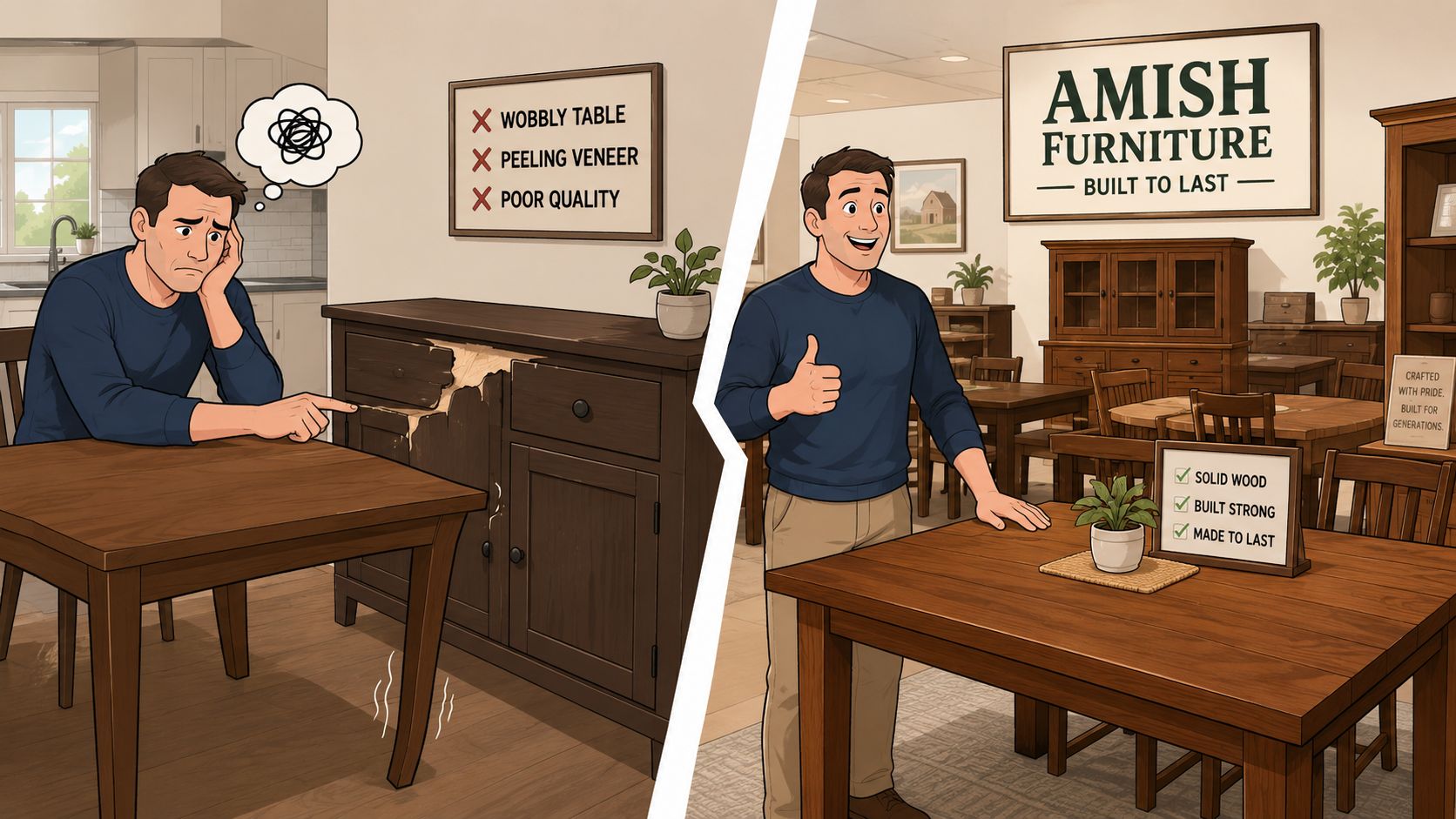A split screen comparing low-quality wobbly furniture with high-quality, durable Amish wood furniture in a store.