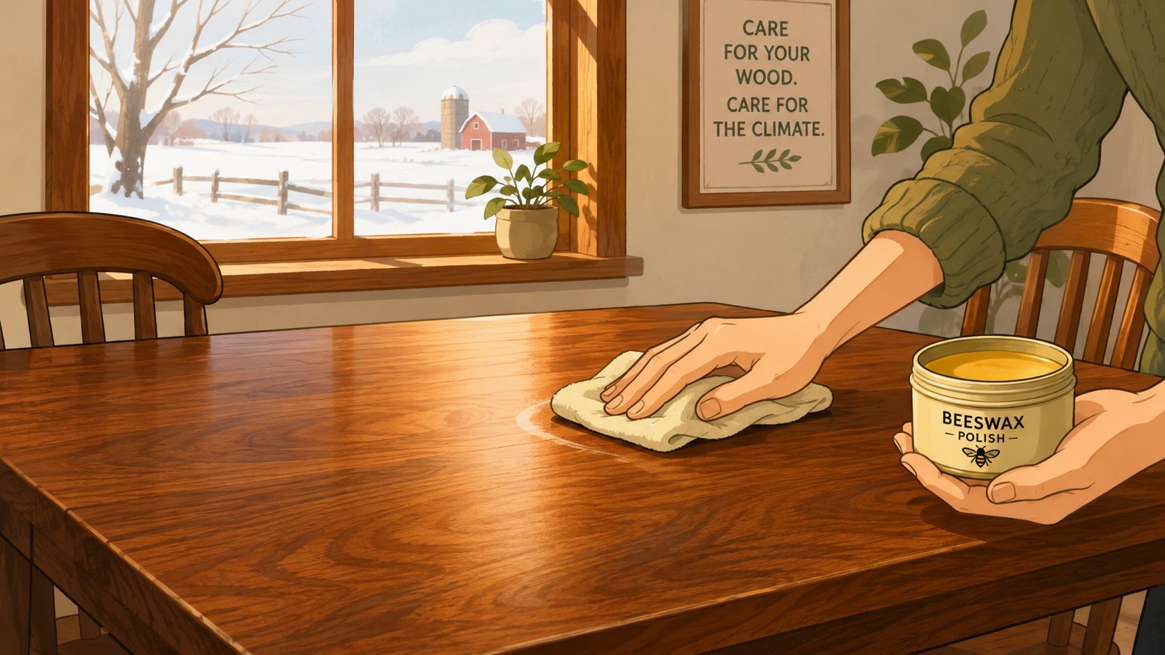 A person polishing a natural wooden dining table with beeswax polish in a rustic kitchen setting.