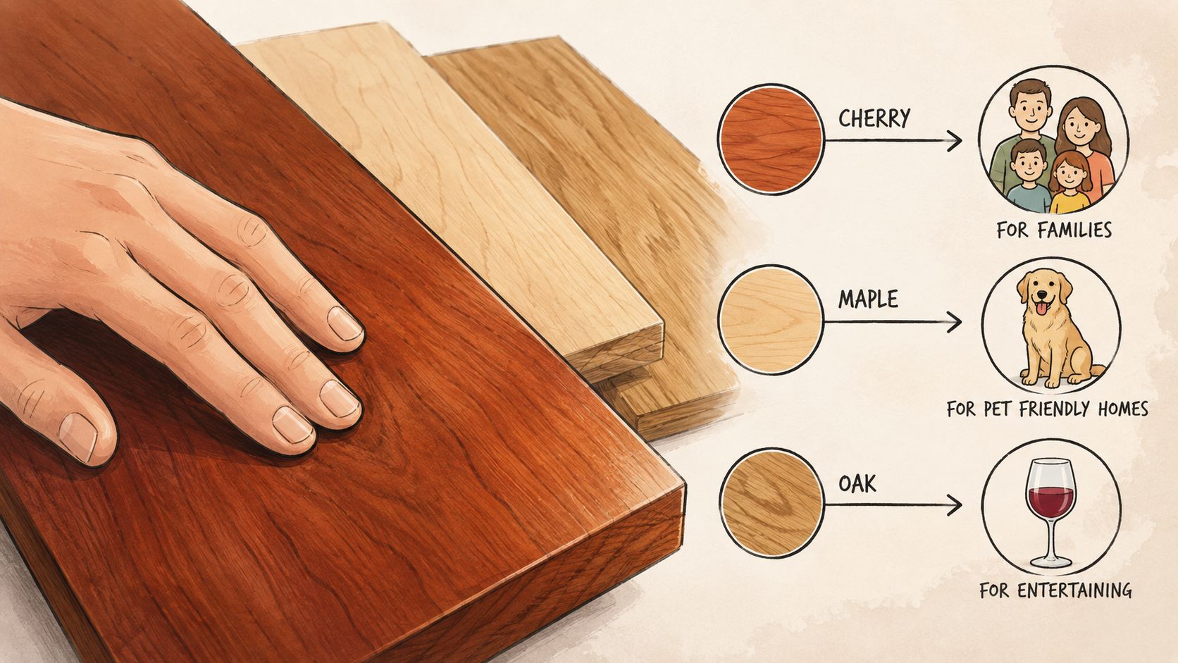 A hand touching a wooden plank next to illustrations comparing cherry, maple, and oak wood types for homes.