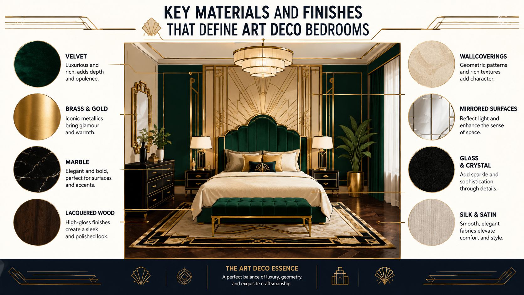 A visual guide showcasing key materials and finishes that define an elegant Art Deco style bedroom interior.