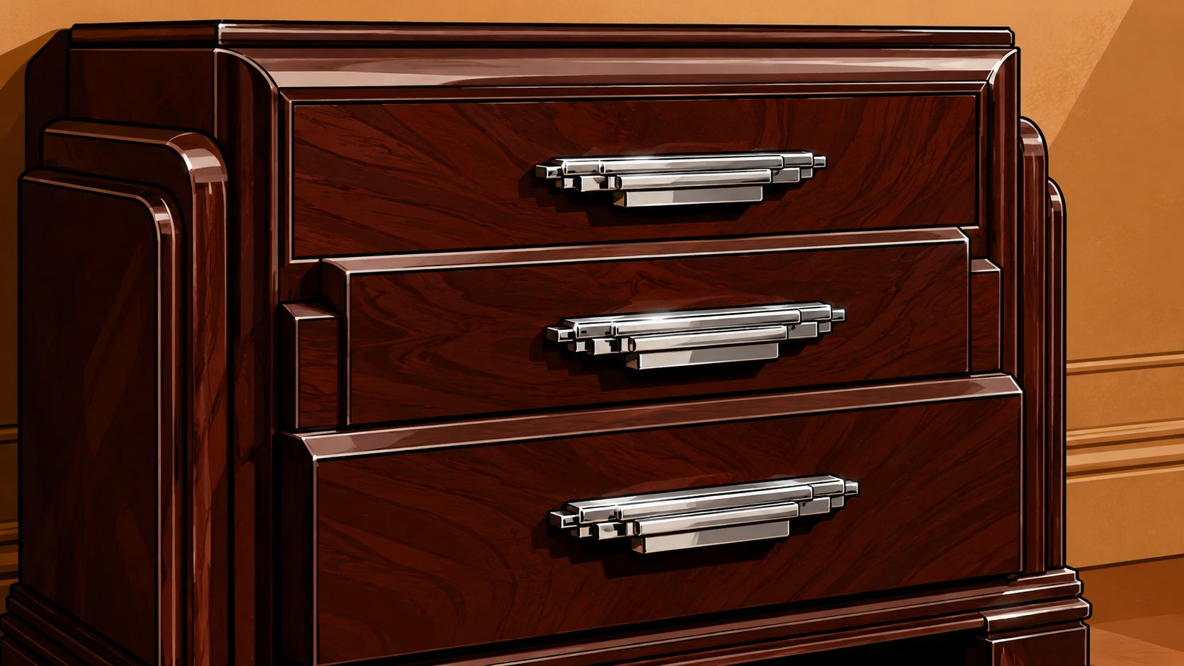 A close-up view of a polished dark wood art deco nightstand with chrome drawer handles.