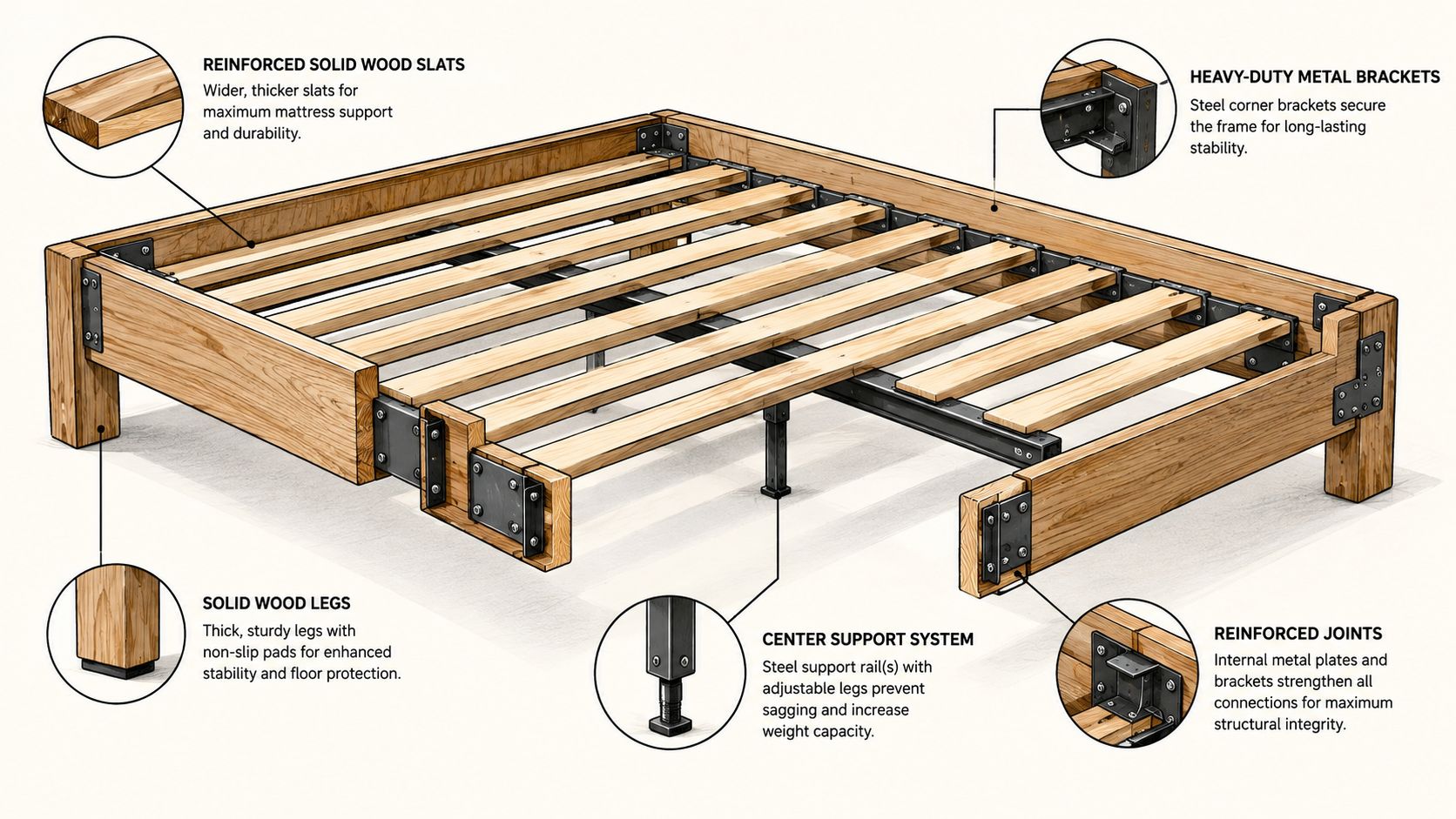 A detailed technical illustration of a sturdy wooden bed frame without headboard featuring reinforced joints and slats.