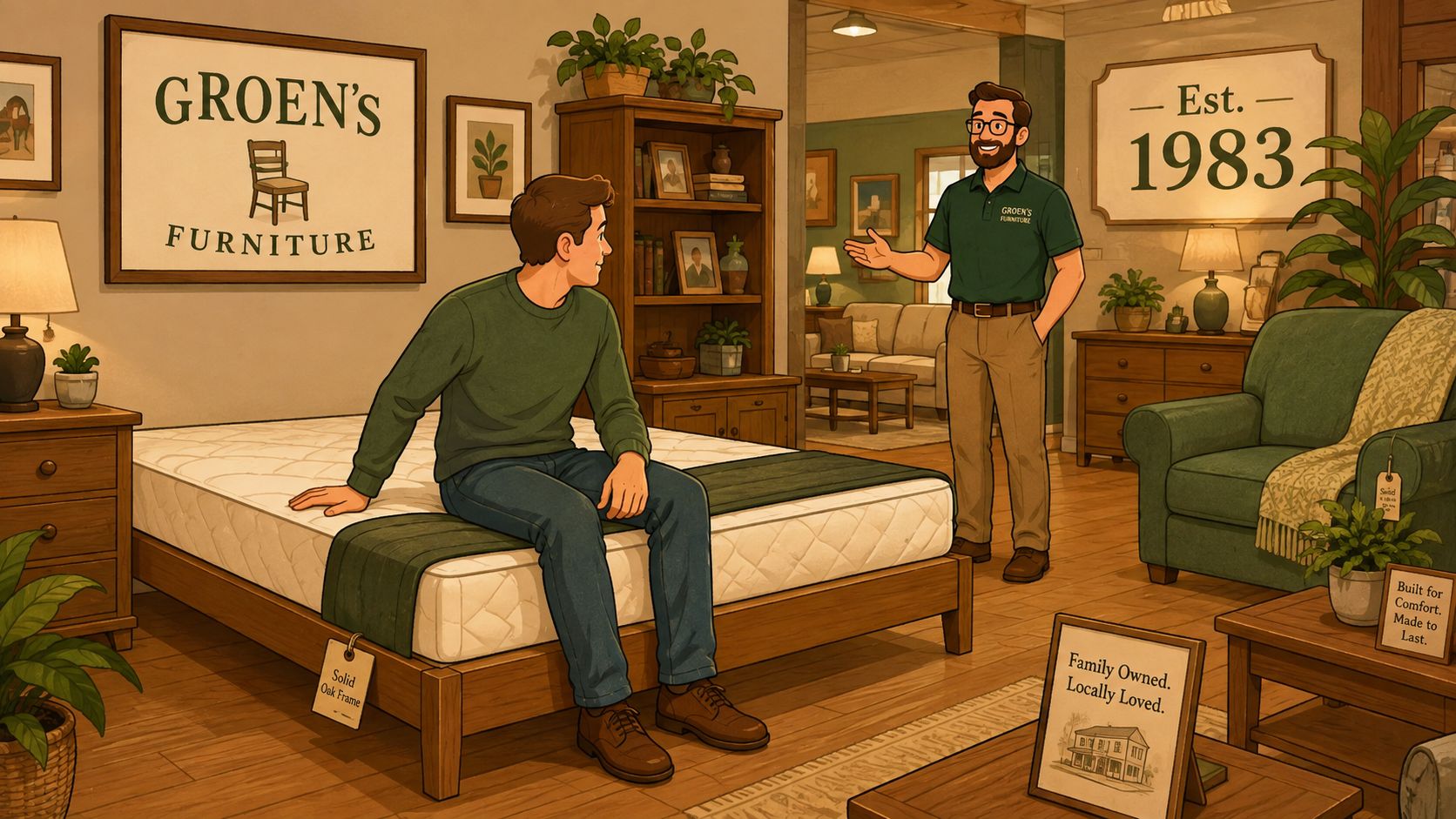 A store associate showing a bed frame without headboard to a customer inside a furniture showroom.