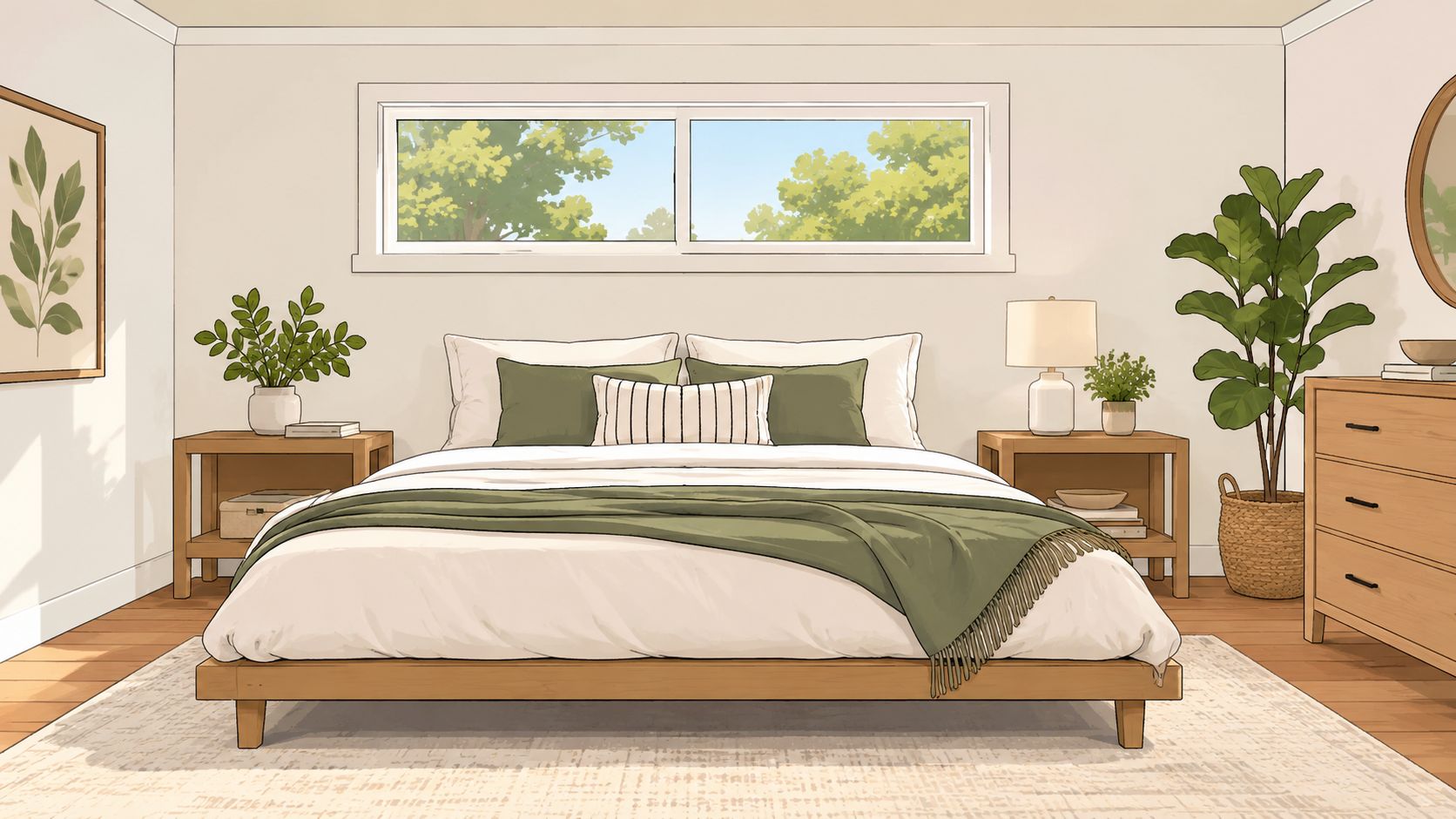 A minimalist bedroom featuring a wooden bed frame without a headboard, decorated with green accents and plants.