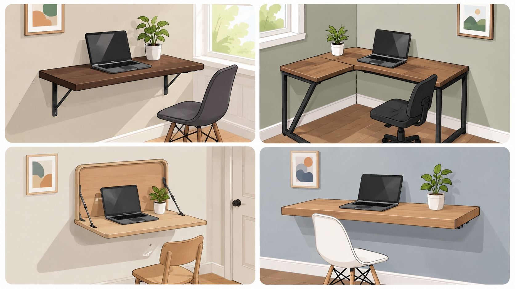 A collage showing four different styles of compact wall-mounted and corner desks for small home offices.