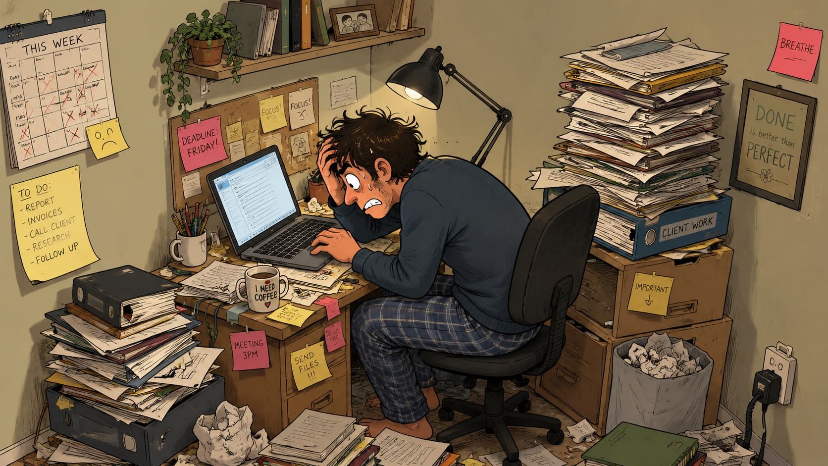 A stressed worker sitting at a cluttered desk with piles of paperwork and an overworked laptop setup.