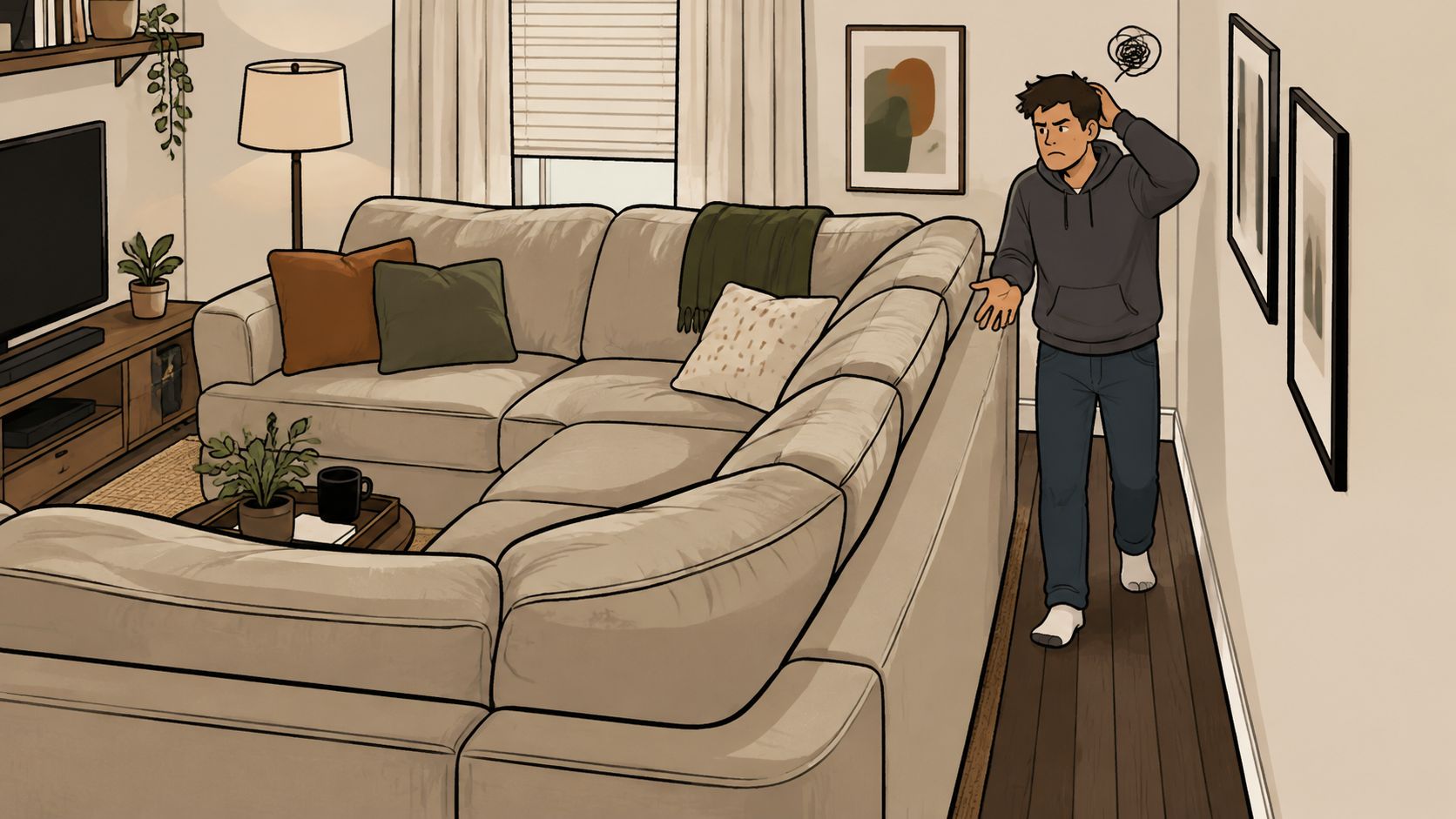A confused young man standing next to a large sectional sofa in a small living room.