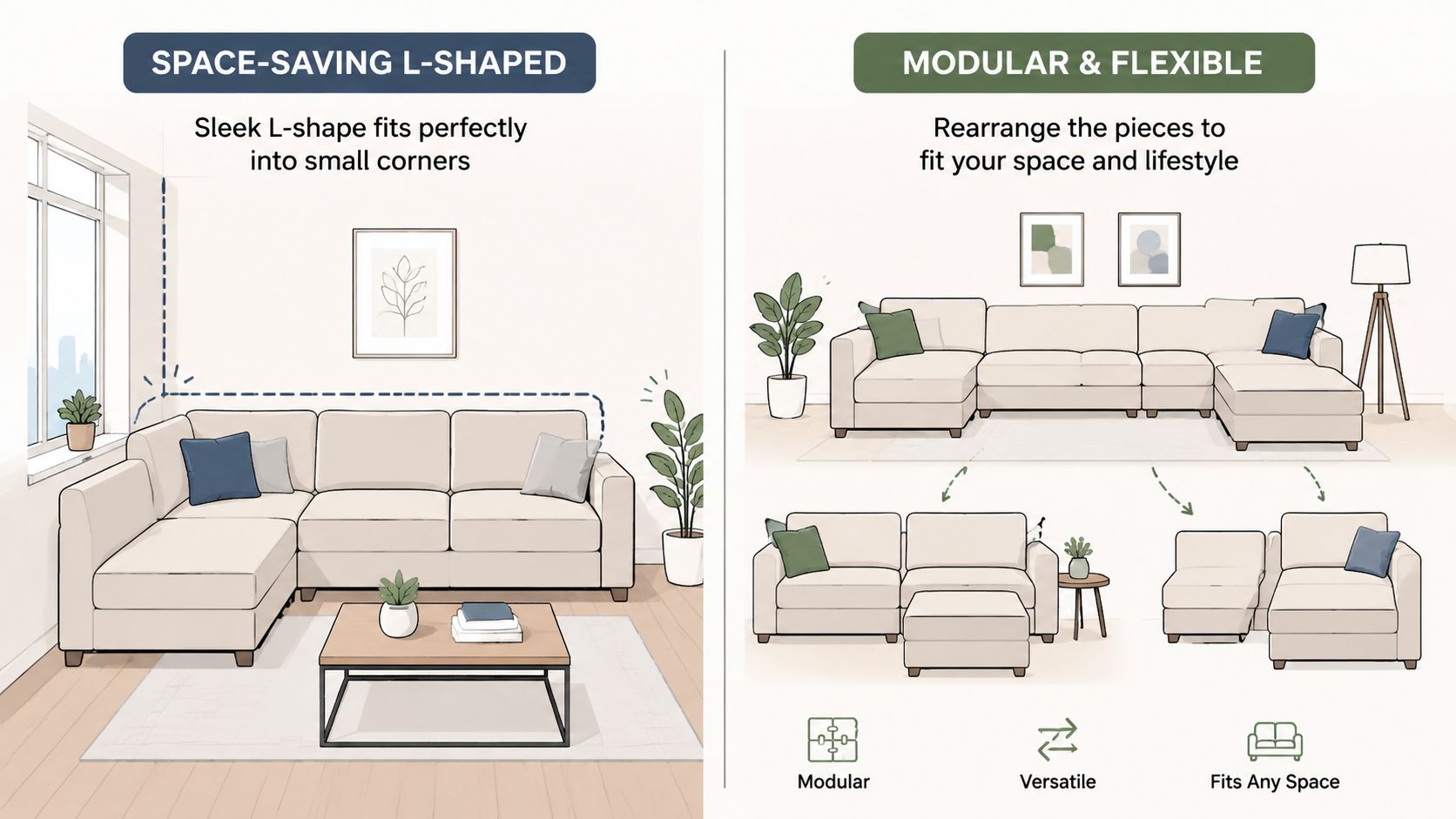 A split illustration showing a space-saving L-shaped sofa and a modular sectional sofa with various rearrangement configurations.