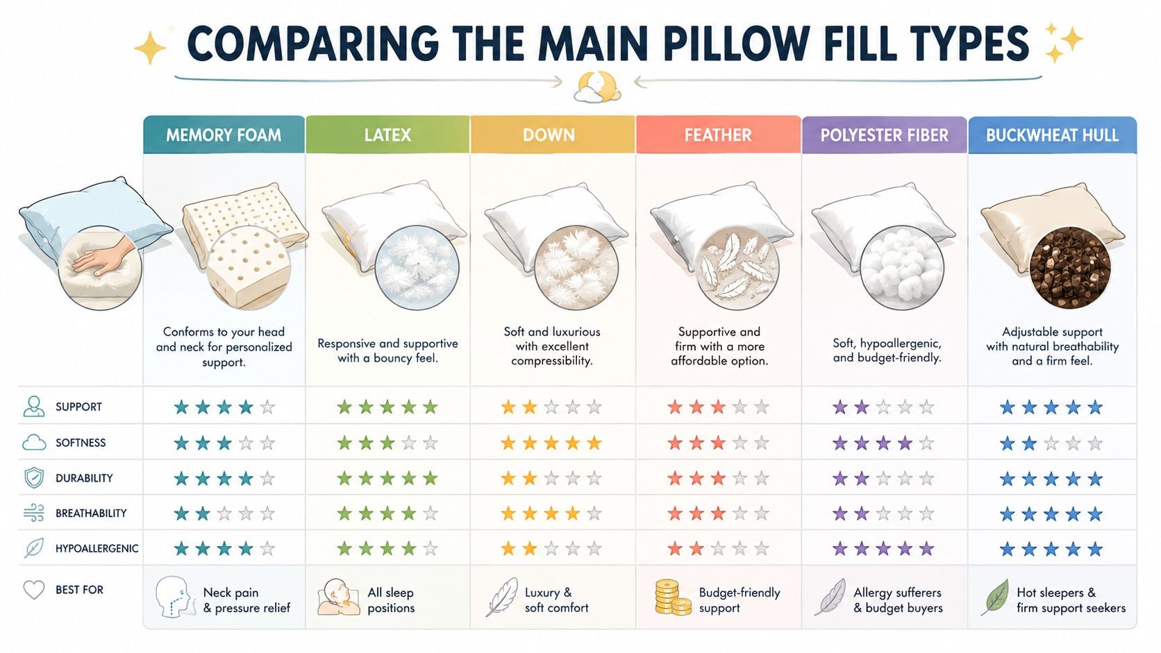 A comparison chart showing the pros, cons, and characteristics of six different pillow filling types.