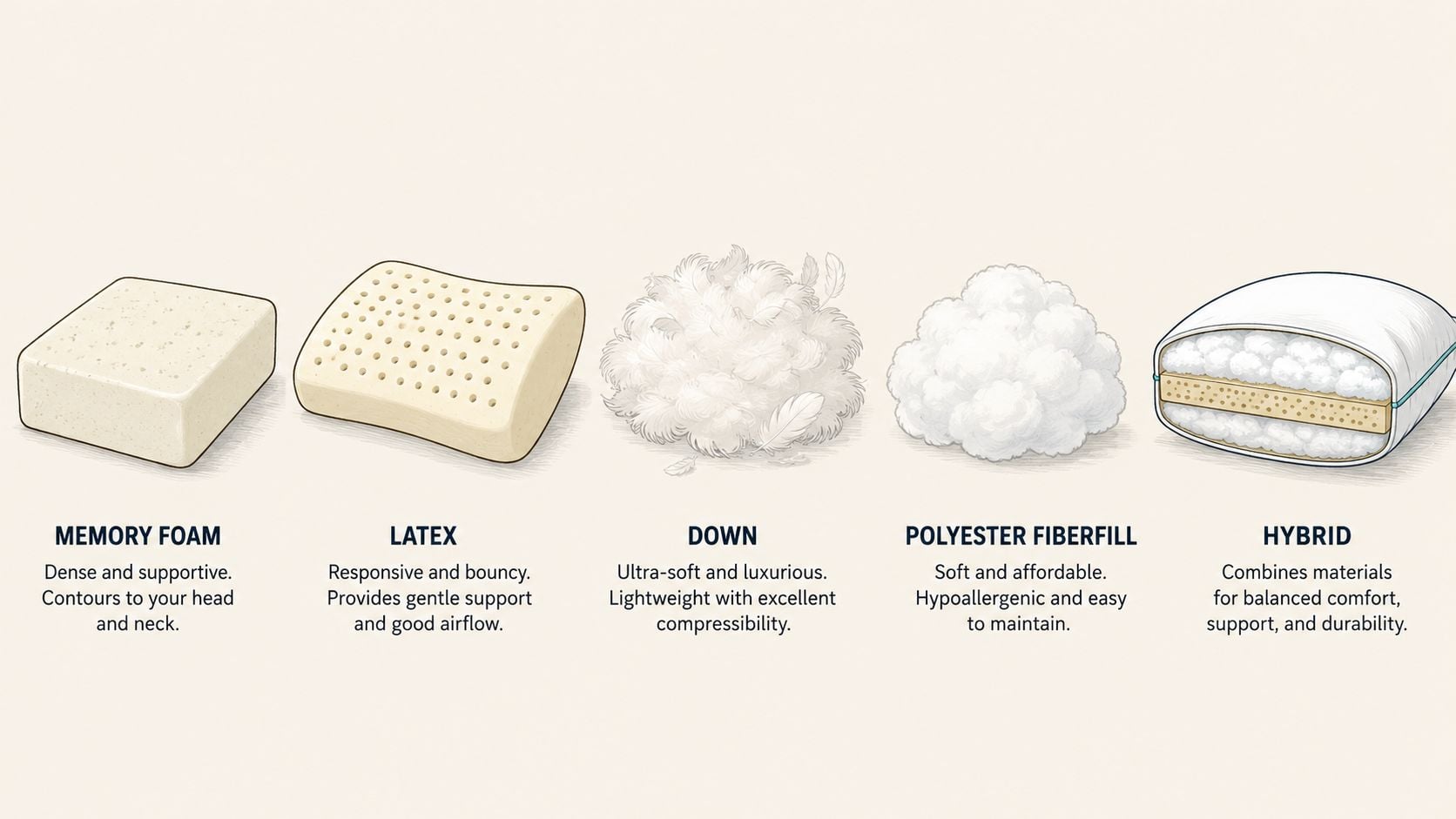 An illustration showcasing five different types of pillows: memory foam, latex, down, polyester fiberfill, and hybrid models.