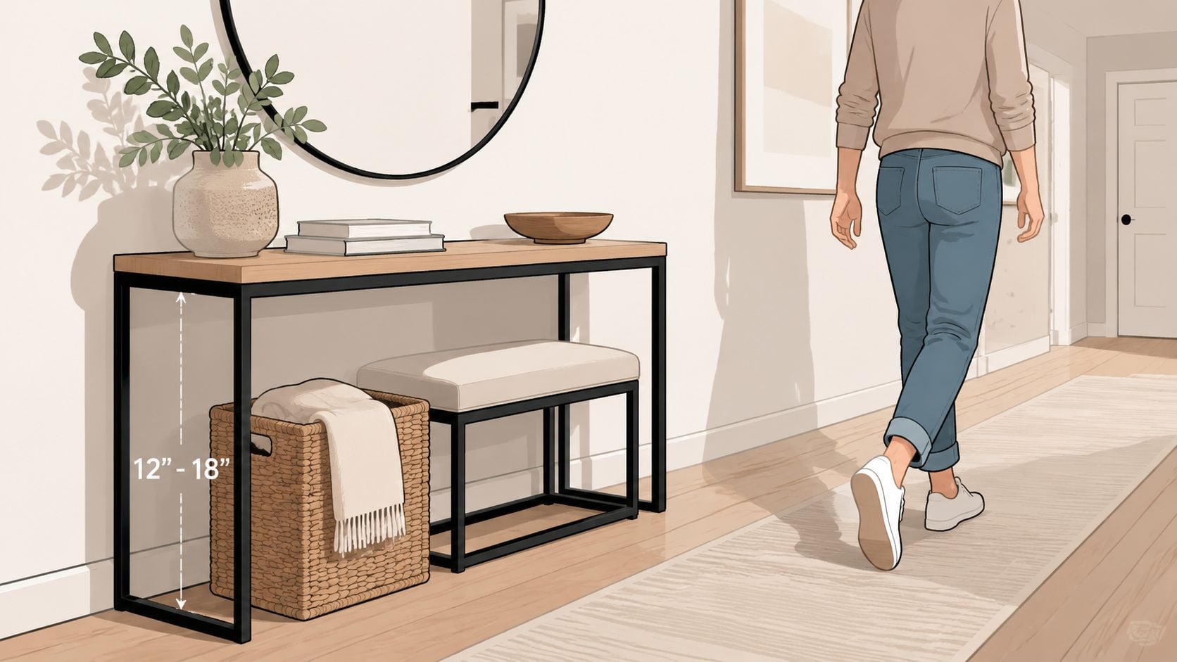 An illustration of a modern hallway console table with a storage basket and bench underneath.