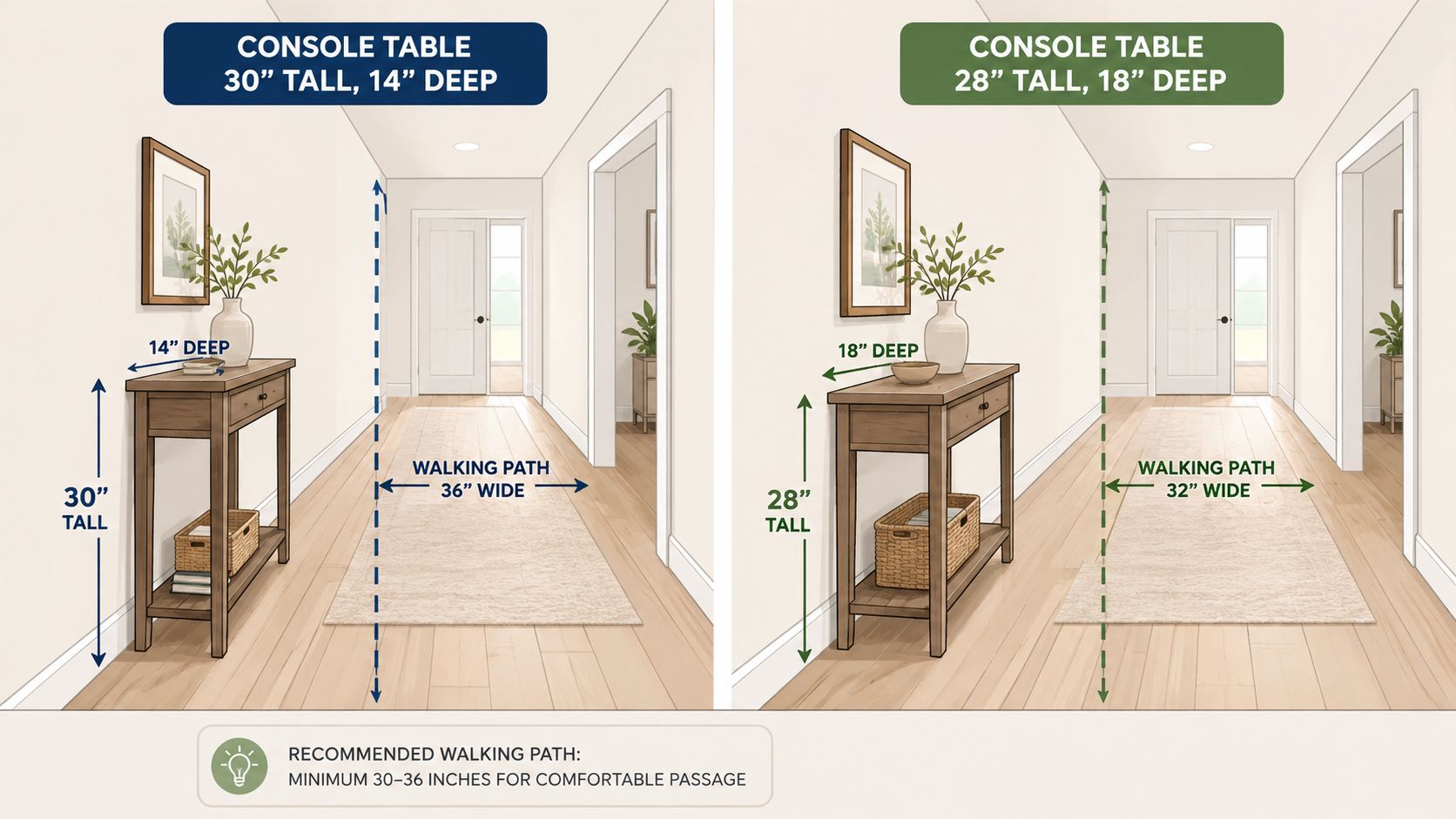 An illustration comparing two console table sizes in a hallway with recommended walking path width dimensions.