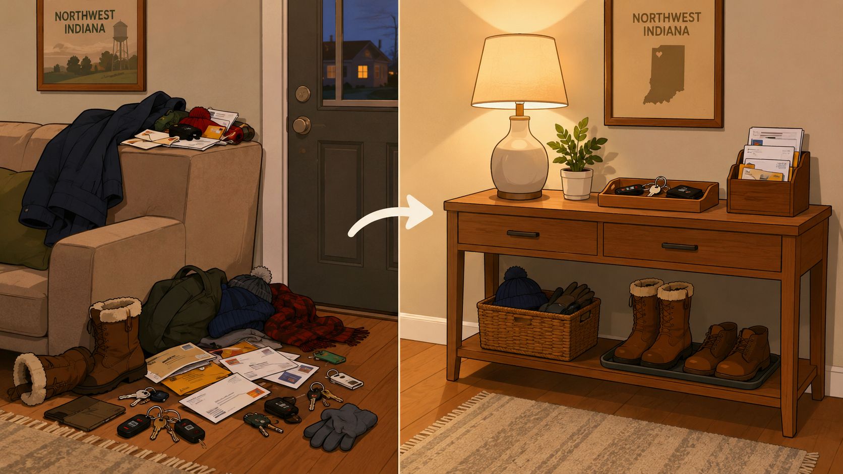 A before-and-after comparison showing an entryway organized by replacing a cluttered floor with a console table.