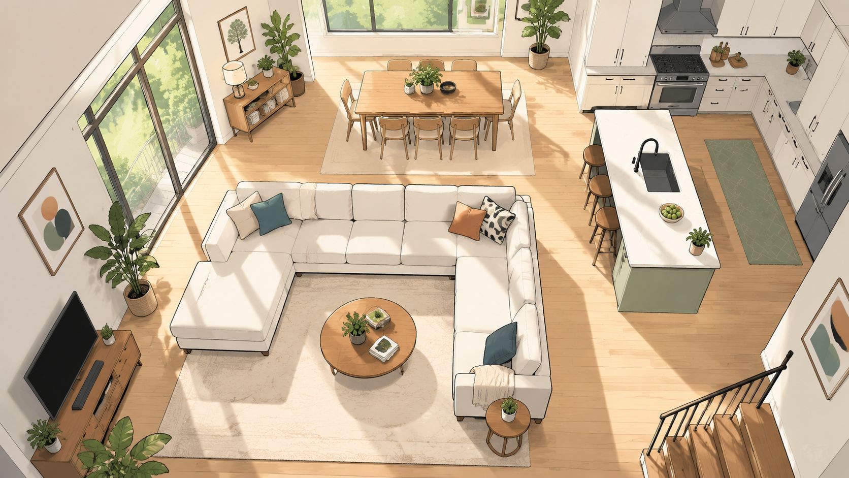 A high-angle view of a bright, modern open-plan living room featuring a large U-shaped white sectional sofa.