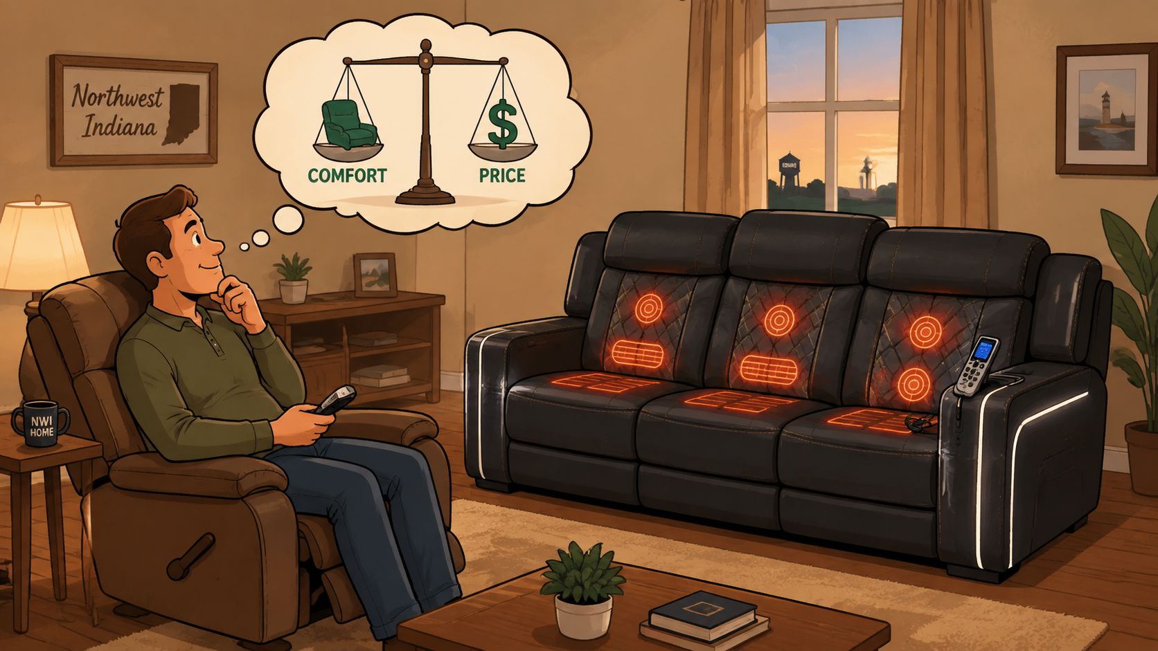 A man sitting in a recliner daydreaming about balancing comfort and price while looking at a heated couch.