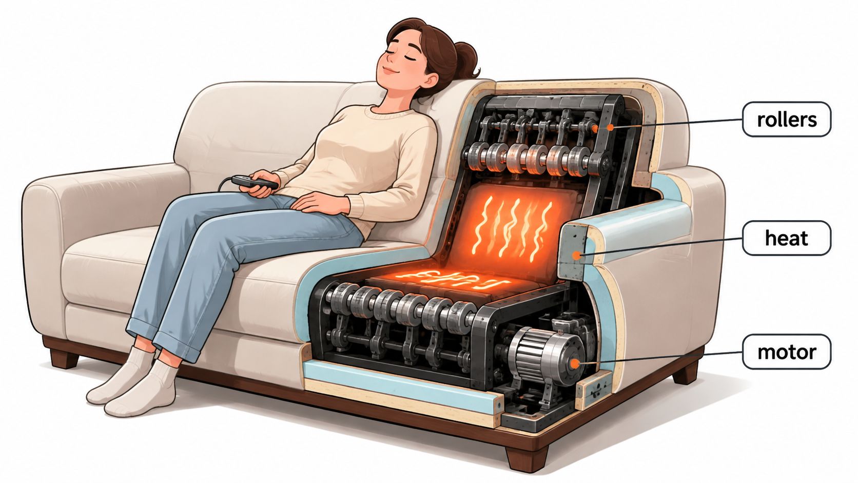 A woman relaxing on a cutaway view of a couch featuring built-in massage rollers, heaters, and motor components.