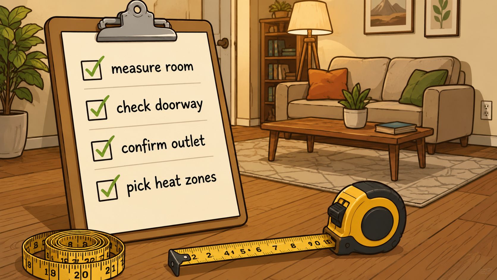 A checklist on a clipboard with measuring tapes in a cozy living room with a couch.