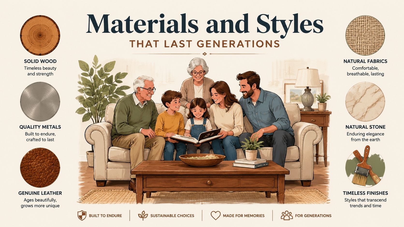 A multi-generational family reading together, highlighting durable home materials like wood, leather, stone, and natural fabrics.