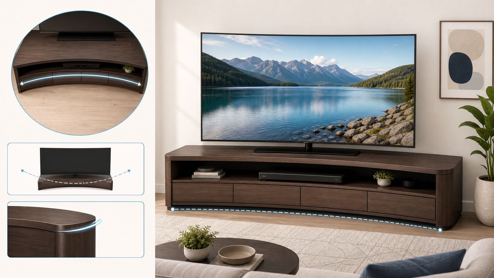 A modern dark wood curved TV stand supporting a large television in a contemporary living room interior.