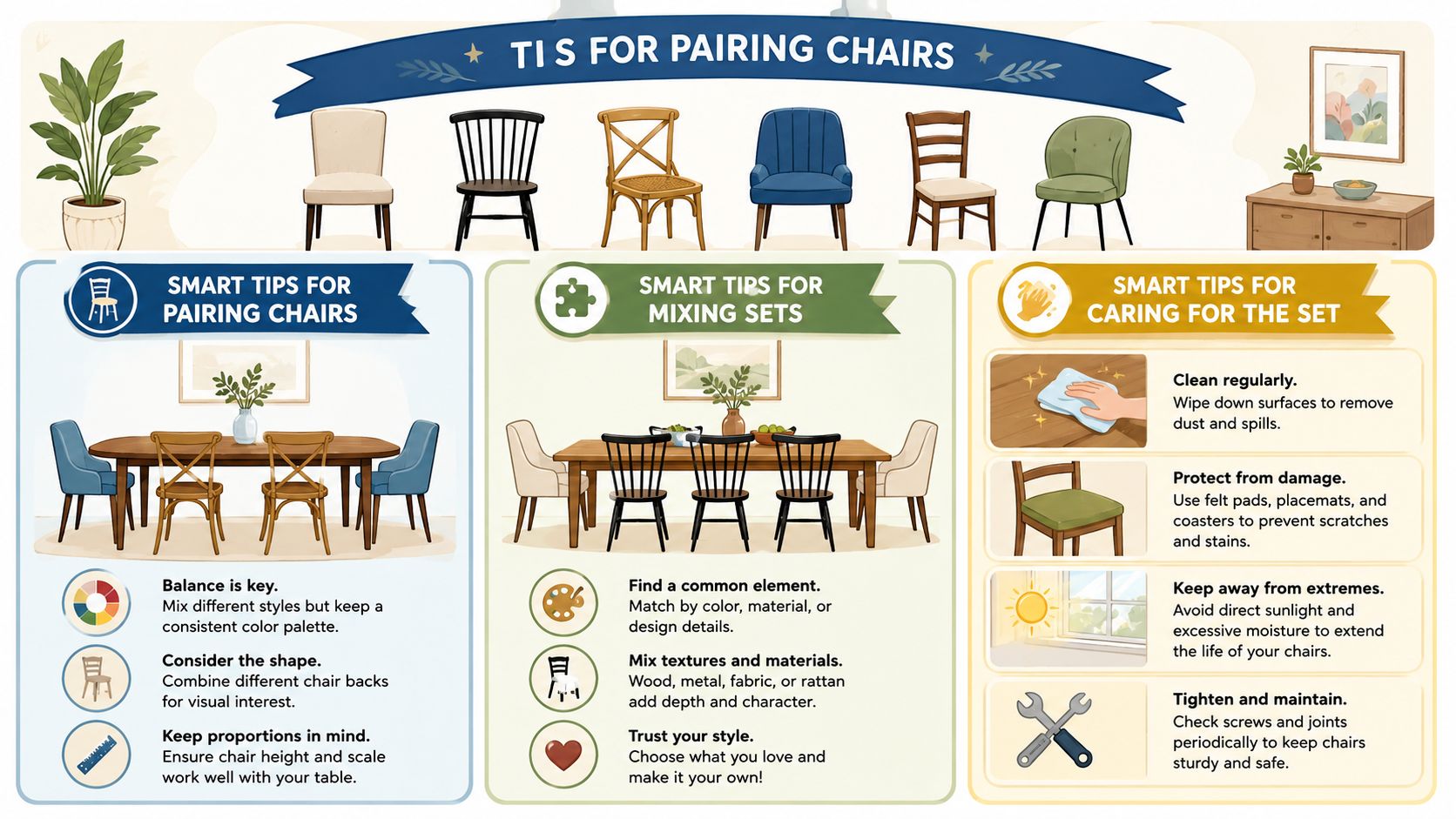 An infographic titled Tips for Pairing Chairs illustrating dining room interior design advice with chair examples and maintenance tips.