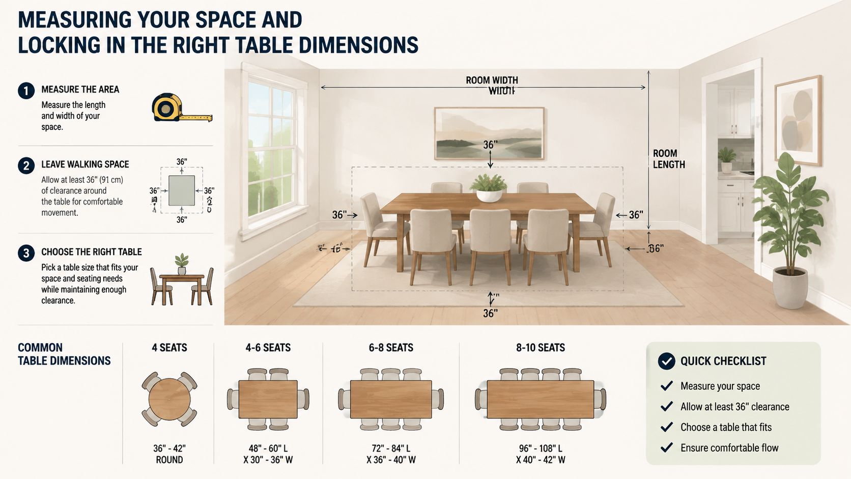 An infographic showing how to measure a dining room space to choose the right table dimensions.