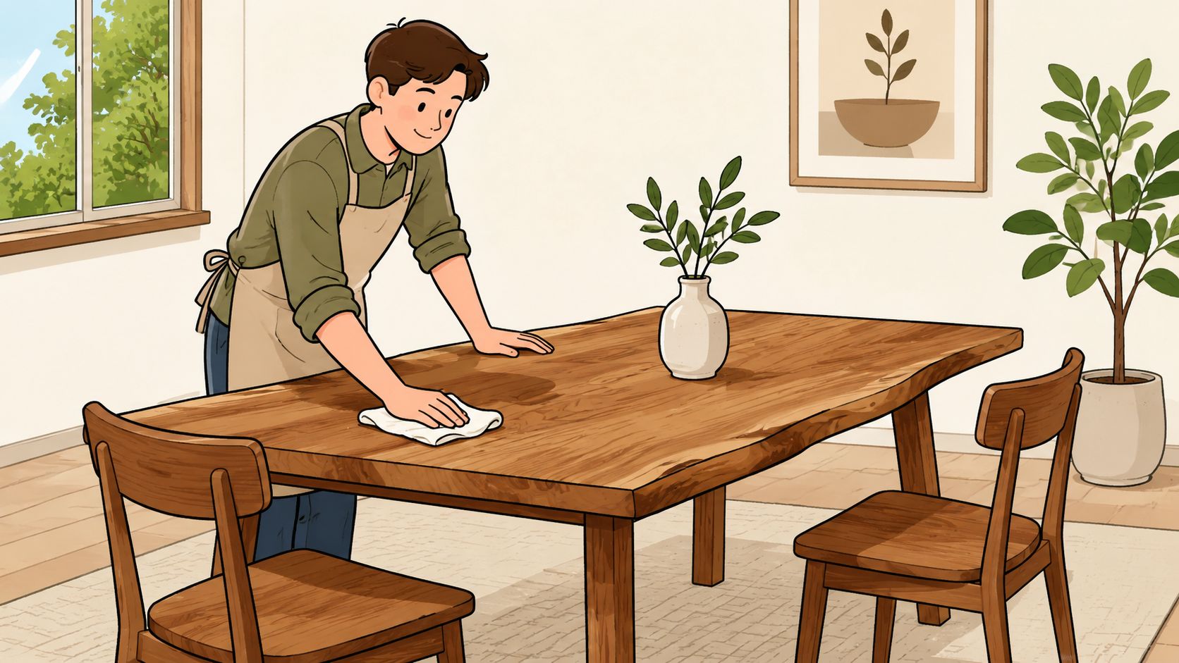 A man in an apron carefully wipes down a beautiful wooden dining table in a bright room.