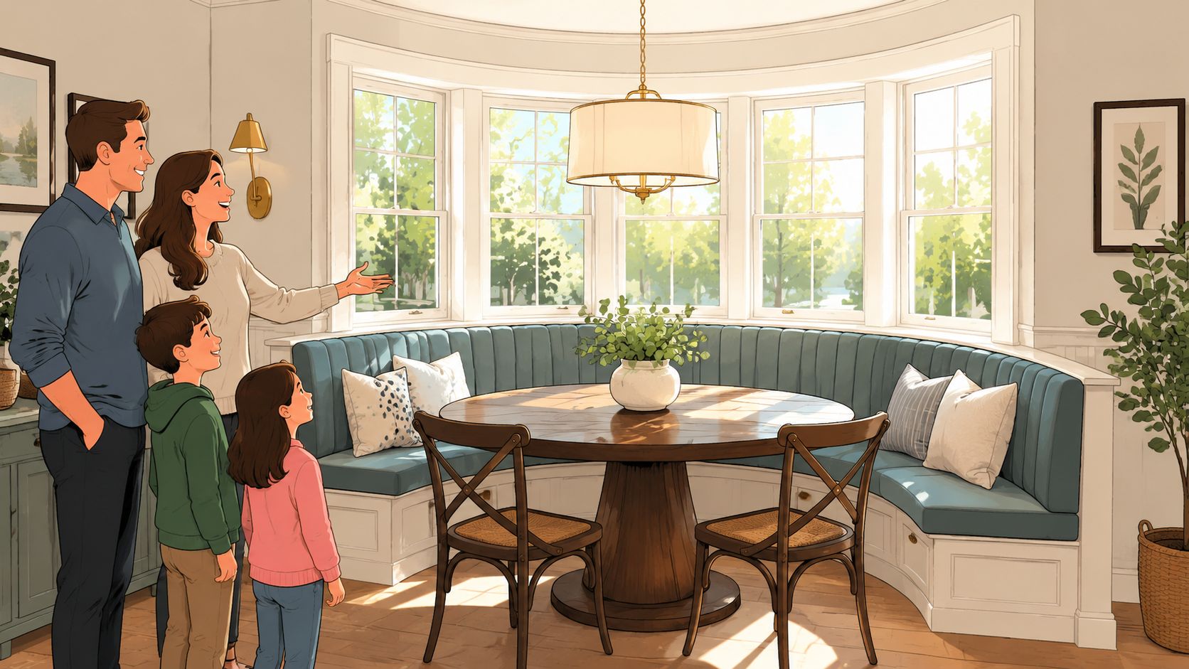 A happy family standing in a cozy dining room with custom built-in seating and a circular table.