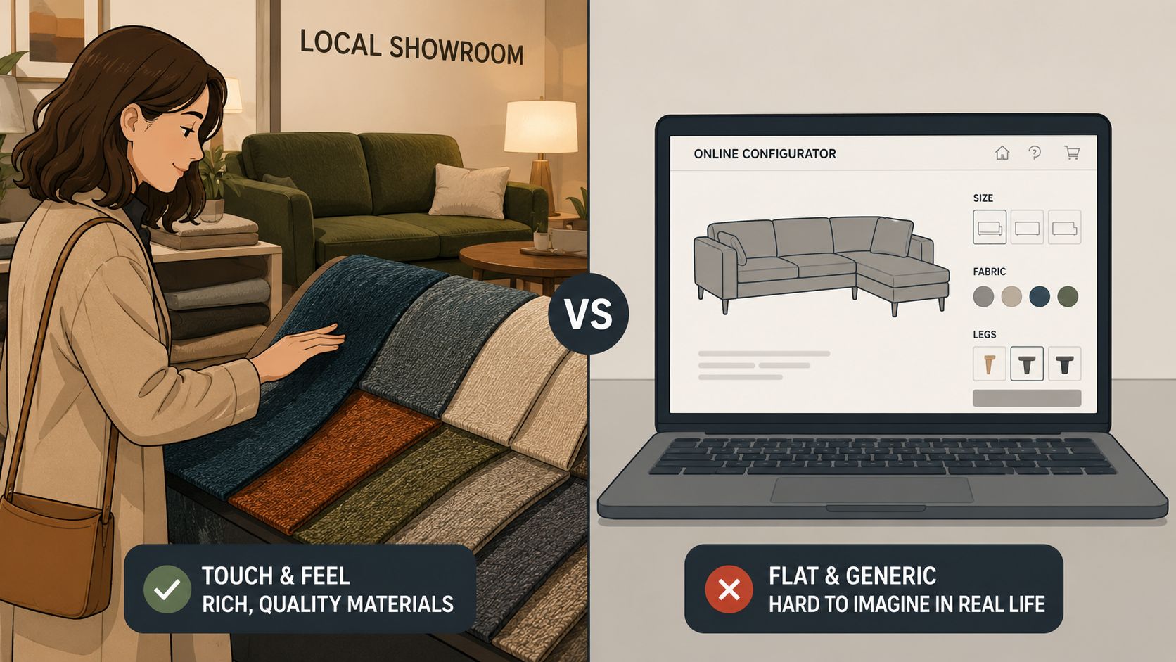A split-screen comparison showing a woman touching fabric swatches in a furniture showroom versus using an online configurator.