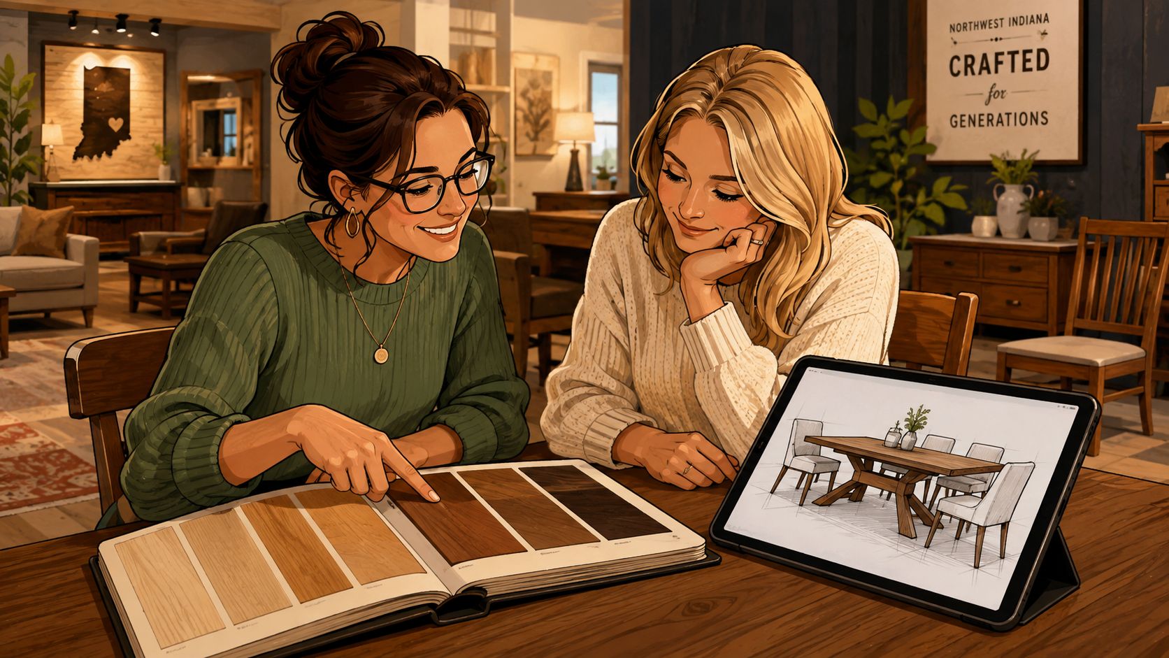 Two women collaborating on custom furniture design, looking at wood stain samples and a digital table sketch.