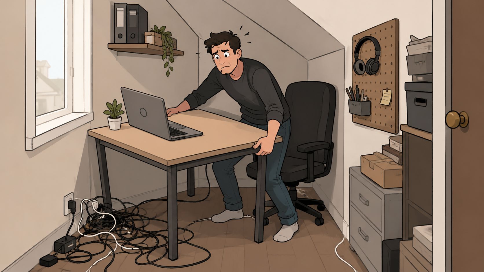 A man looking stressed while standing at a messy desk with tangled wires in a home office.