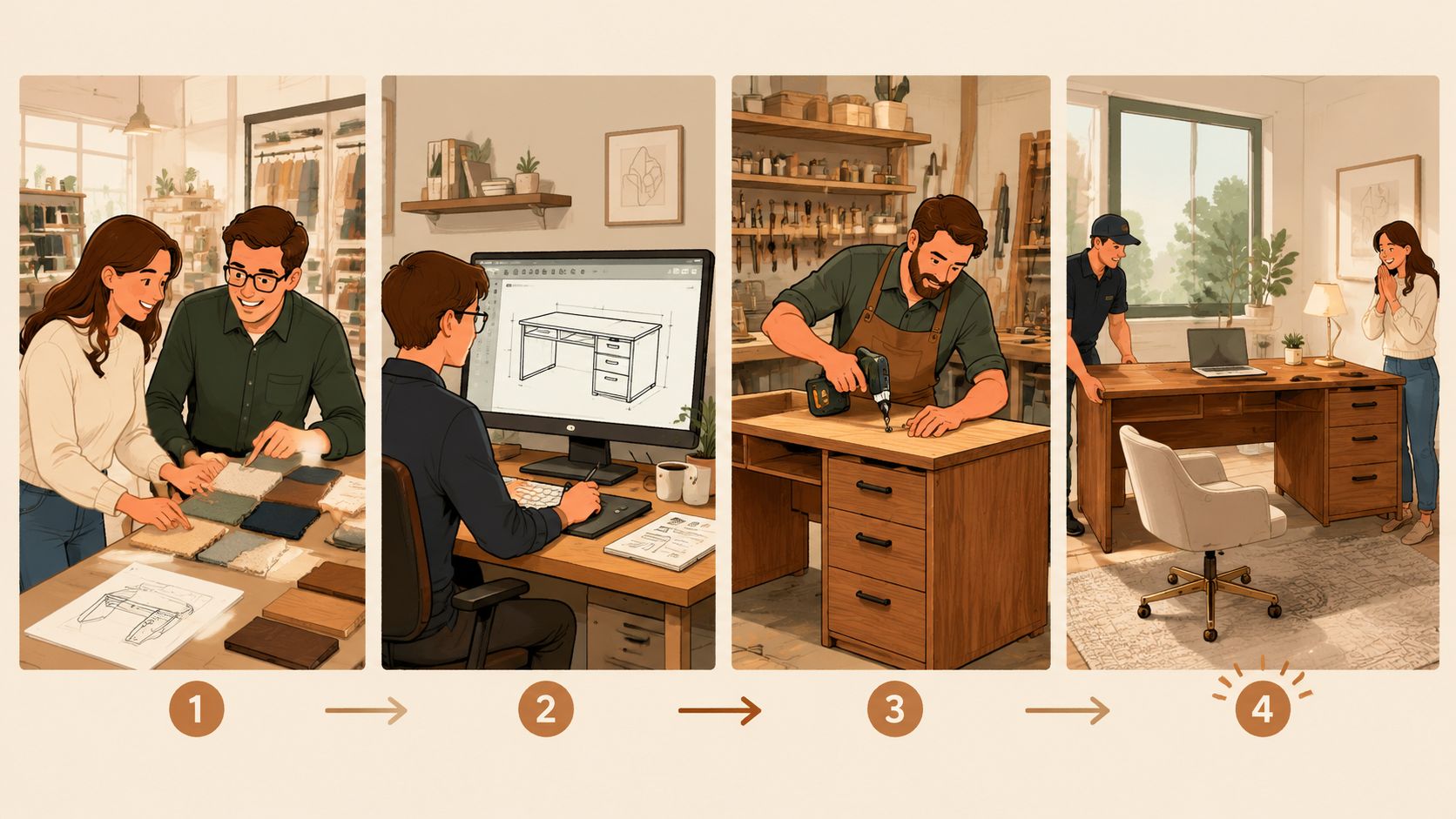 A four-step illustration showing the design, digital drafting, craftsmanship, and installation of custom home office furniture.